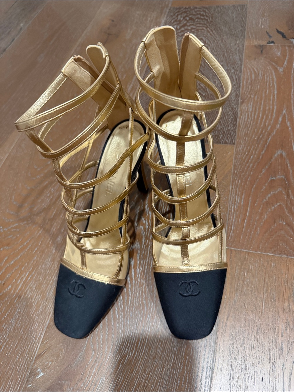 CHANEL Gold Strappy Heels with Black Toe Cap
